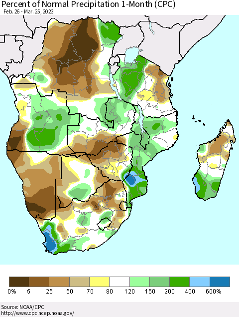 Southern Africa Percent of Normal Precipitation 1-Month (CPC) Thematic Map For 2/26/2023 - 3/25/2023