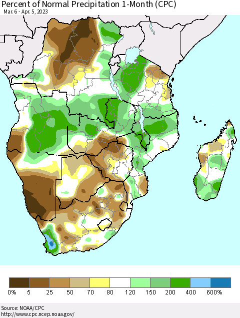 Southern Africa Percent of Normal Precipitation 1-Month (CPC) Thematic Map For 3/6/2023 - 4/5/2023