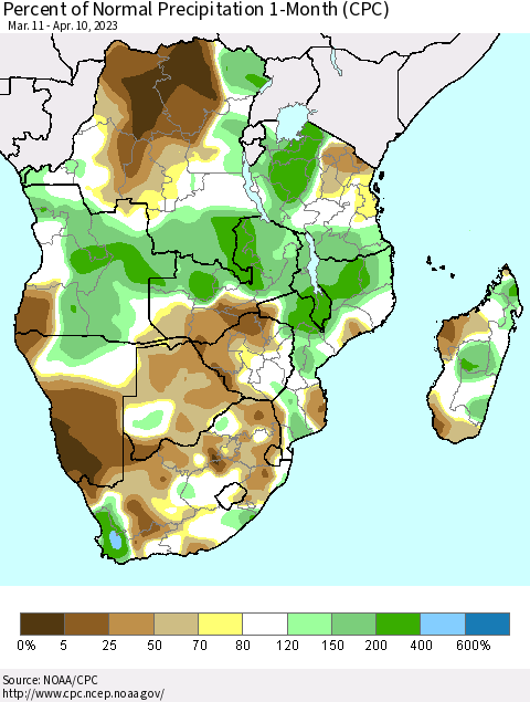 Southern Africa Percent of Normal Precipitation 1-Month (CPC) Thematic Map For 3/11/2023 - 4/10/2023