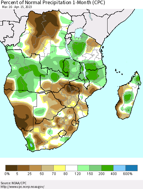 Southern Africa Percent of Normal Precipitation 1-Month (CPC) Thematic Map For 3/16/2023 - 4/15/2023