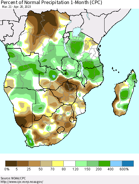 Southern Africa Percent of Normal Precipitation 1-Month (CPC) Thematic Map For 3/21/2023 - 4/20/2023
