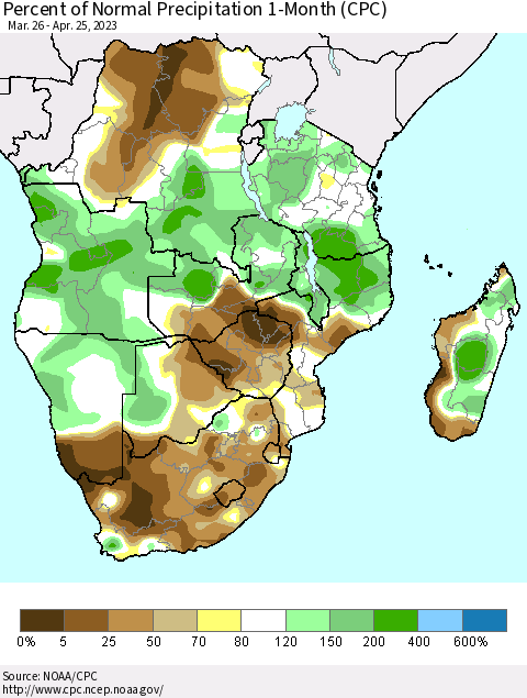 Southern Africa Percent of Normal Precipitation 1-Month (CPC) Thematic Map For 3/26/2023 - 4/25/2023