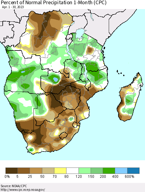 Southern Africa Percent of Normal Precipitation 1-Month (CPC) Thematic Map For 4/1/2023 - 4/30/2023
