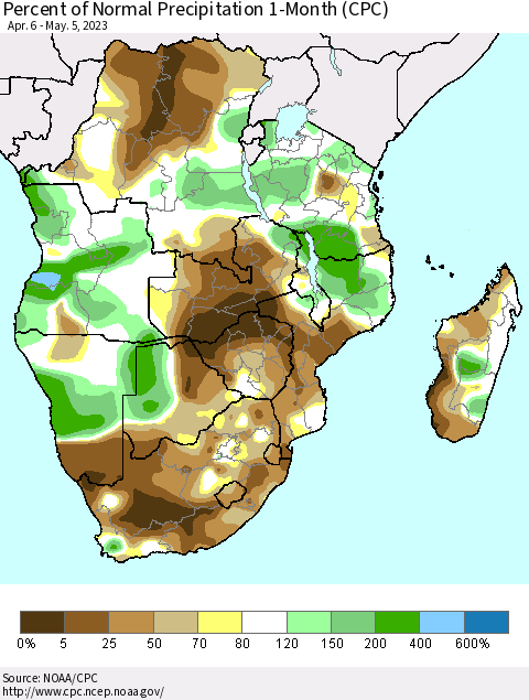 Southern Africa Percent of Normal Precipitation 1-Month (CPC) Thematic Map For 4/6/2023 - 5/5/2023