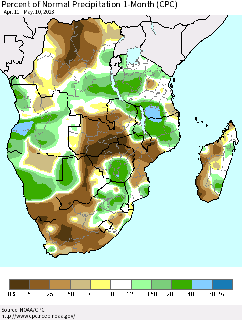 Southern Africa Percent of Normal Precipitation 1-Month (CPC) Thematic Map For 4/11/2023 - 5/10/2023
