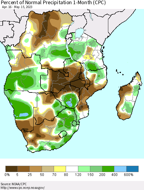 Southern Africa Percent of Normal Precipitation 1-Month (CPC) Thematic Map For 4/16/2023 - 5/15/2023