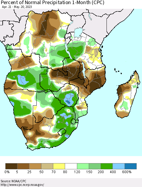 Southern Africa Percent of Normal Precipitation 1-Month (CPC) Thematic Map For 4/21/2023 - 5/20/2023