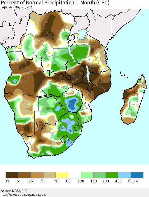 Southern Africa Percent of Normal Precipitation 1-Month (CPC) Thematic Map For 4/26/2023 - 5/25/2023