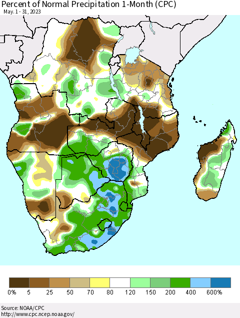 Southern Africa Percent of Normal Precipitation 1-Month (CPC) Thematic Map For 5/1/2023 - 5/31/2023