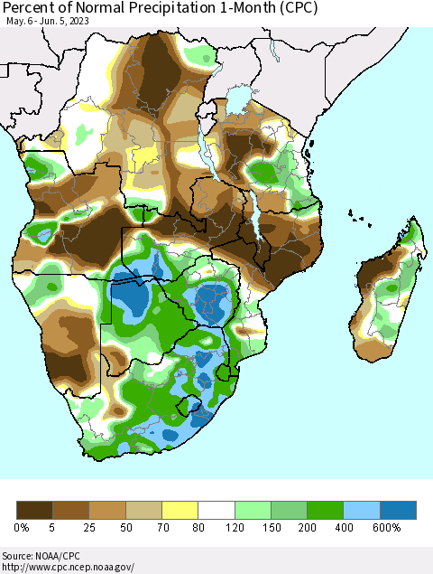 Southern Africa Percent of Normal Precipitation 1-Month (CPC) Thematic Map For 5/6/2023 - 6/5/2023