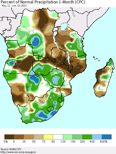Southern Africa Percent of Normal Precipitation 1-Month (CPC) Thematic Map For 5/11/2023 - 6/10/2023