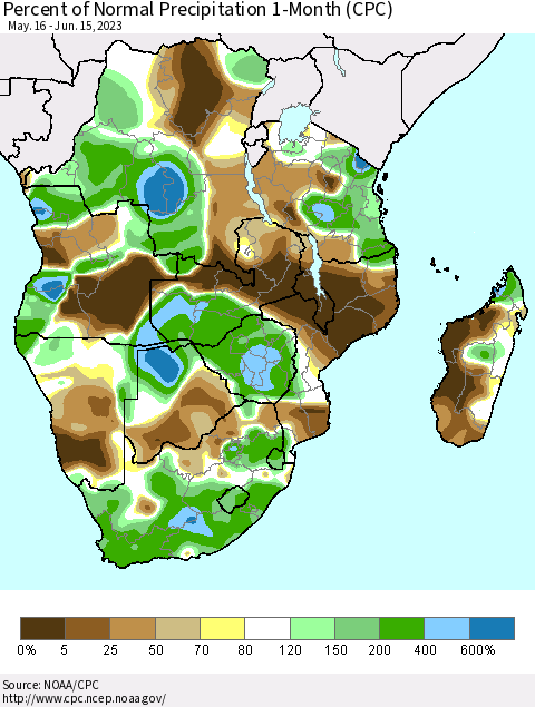 Southern Africa Percent of Normal Precipitation 1-Month (CPC) Thematic Map For 5/16/2023 - 6/15/2023