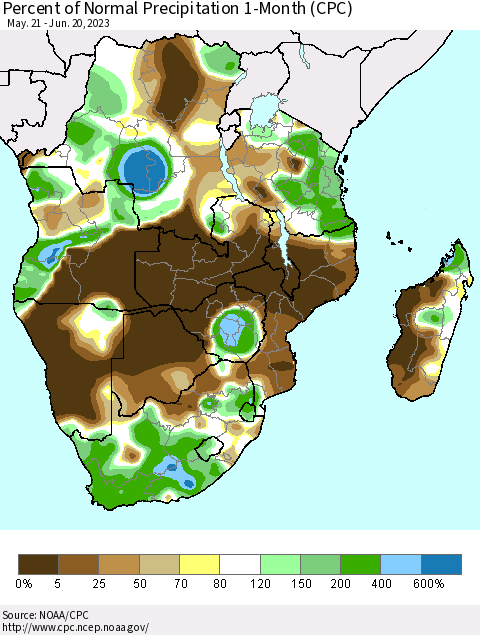 Southern Africa Percent of Normal Precipitation 1-Month (CPC) Thematic Map For 5/21/2023 - 6/20/2023