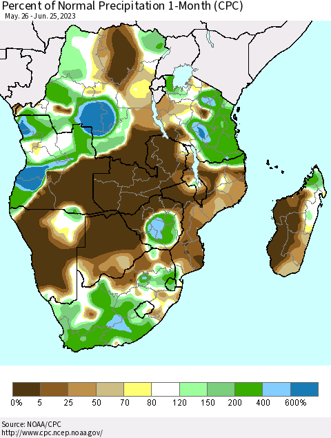 Southern Africa Percent of Normal Precipitation 1-Month (CPC) Thematic Map For 5/26/2023 - 6/25/2023
