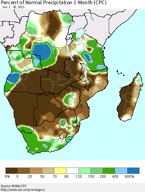Southern Africa Percent of Normal Precipitation 1-Month (CPC) Thematic Map For 6/1/2023 - 6/30/2023