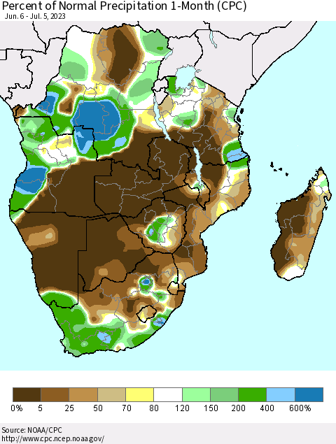 Southern Africa Percent of Normal Precipitation 1-Month (CPC) Thematic Map For 6/6/2023 - 7/5/2023