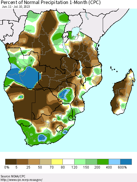 Southern Africa Percent of Normal Precipitation 1-Month (CPC) Thematic Map For 6/11/2023 - 7/10/2023