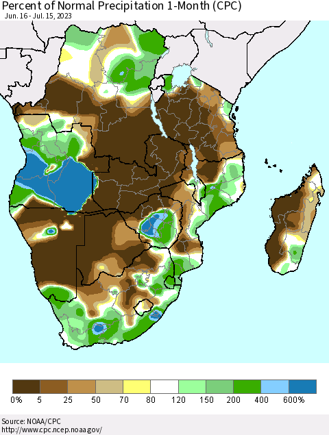 Southern Africa Percent of Normal Precipitation 1-Month (CPC) Thematic Map For 6/16/2023 - 7/15/2023
