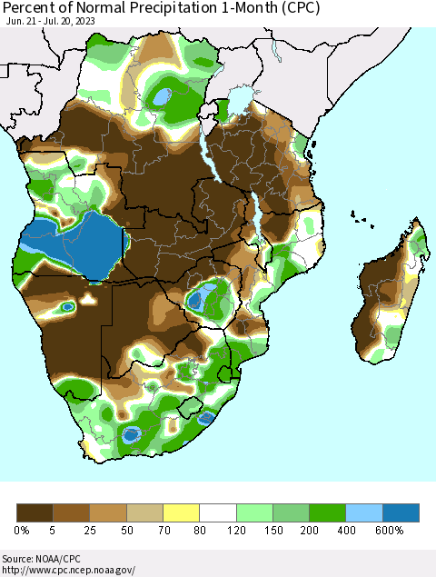Southern Africa Percent of Normal Precipitation 1-Month (CPC) Thematic Map For 6/21/2023 - 7/20/2023