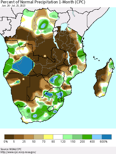 Southern Africa Percent of Normal Precipitation 1-Month (CPC) Thematic Map For 6/26/2023 - 7/25/2023