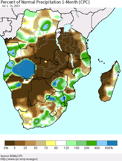 Southern Africa Percent of Normal Precipitation 1-Month (CPC) Thematic Map For 7/1/2023 - 7/31/2023