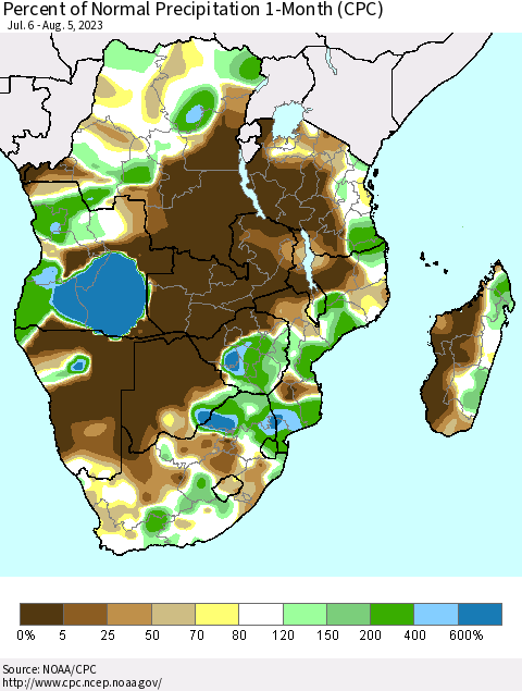 Southern Africa Percent of Normal Precipitation 1-Month (CPC) Thematic Map For 7/6/2023 - 8/5/2023