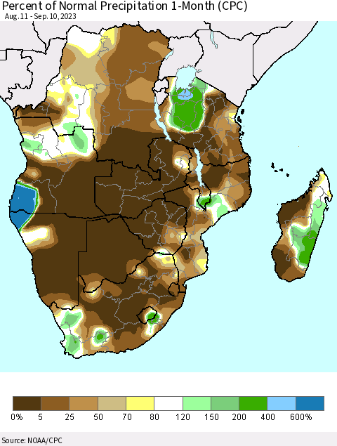 Southern Africa Percent of Normal Precipitation 1-Month (CPC) Thematic Map For 8/11/2023 - 9/10/2023