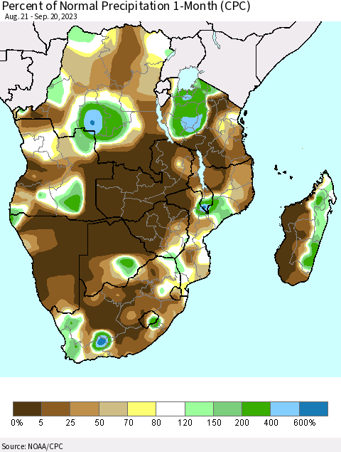 Southern Africa Percent of Normal Precipitation 1-Month (CPC) Thematic Map For 8/21/2023 - 9/20/2023