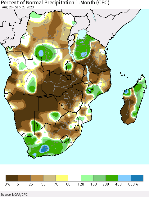 Southern Africa Percent of Normal Precipitation 1-Month (CPC) Thematic Map For 8/26/2023 - 9/25/2023