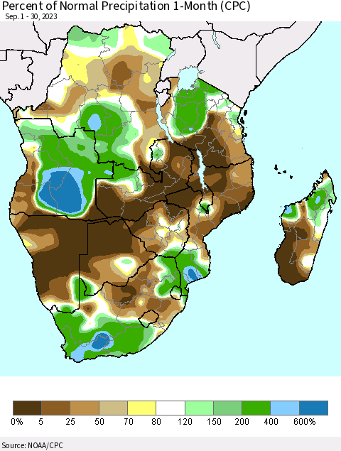 Southern Africa Percent of Normal Precipitation 1-Month (CPC) Thematic Map For 9/1/2023 - 9/30/2023