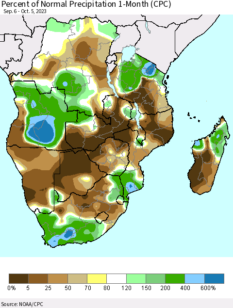 Southern Africa Percent of Normal Precipitation 1-Month (CPC) Thematic Map For 9/6/2023 - 10/5/2023