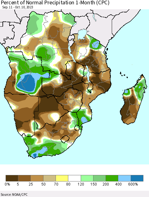 Southern Africa Percent of Normal Precipitation 1-Month (CPC) Thematic Map For 9/11/2023 - 10/10/2023