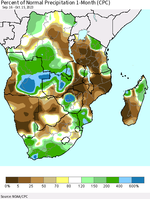 Southern Africa Percent of Normal Precipitation 1-Month (CPC) Thematic Map For 9/16/2023 - 10/15/2023