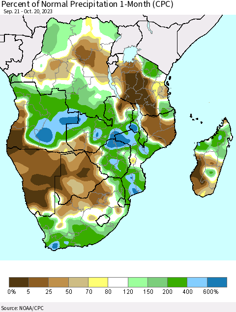 Southern Africa Percent of Normal Precipitation 1-Month (CPC) Thematic Map For 9/21/2023 - 10/20/2023