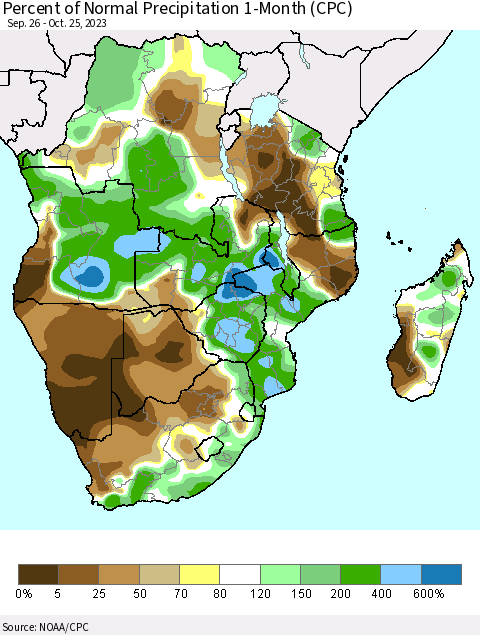Southern Africa Percent of Normal Precipitation 1-Month (CPC) Thematic Map For 9/26/2023 - 10/25/2023