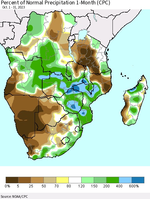 Southern Africa Percent of Normal Precipitation 1-Month (CPC) Thematic Map For 10/1/2023 - 10/31/2023