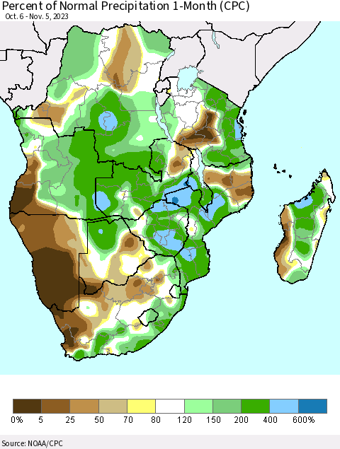 Southern Africa Percent of Normal Precipitation 1-Month (CPC) Thematic Map For 10/6/2023 - 11/5/2023