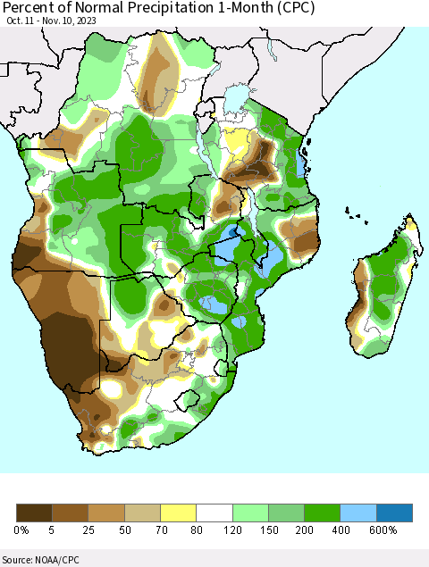 Southern Africa Percent of Normal Precipitation 1-Month (CPC) Thematic Map For 10/11/2023 - 11/10/2023