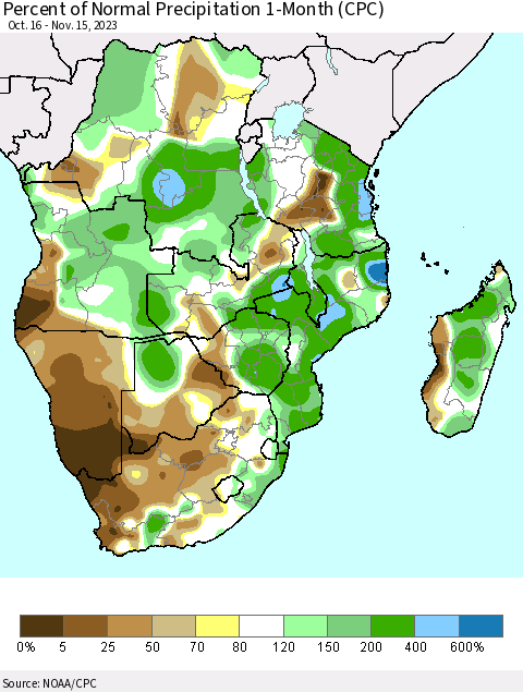 Southern Africa Percent of Normal Precipitation 1-Month (CPC) Thematic Map For 10/16/2023 - 11/15/2023