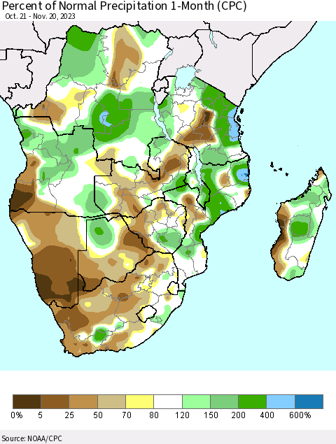 Southern Africa Percent of Normal Precipitation 1-Month (CPC) Thematic Map For 10/21/2023 - 11/20/2023