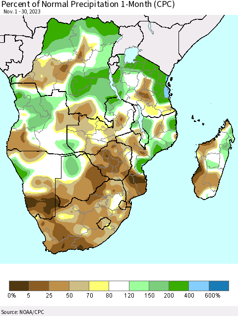 Southern Africa Percent of Normal Precipitation 1-Month (CPC) Thematic Map For 11/1/2023 - 11/30/2023