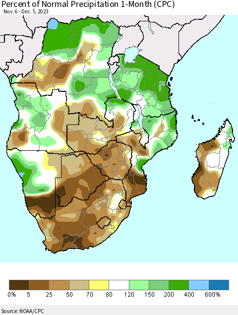 Southern Africa Percent of Normal Precipitation 1-Month (CPC) Thematic Map For 11/6/2023 - 12/5/2023
