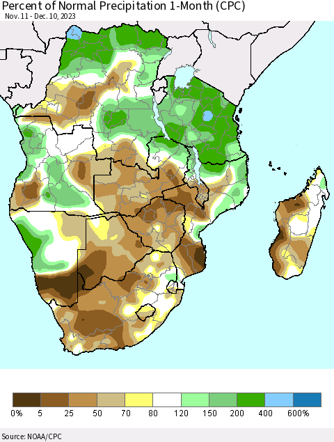 Southern Africa Percent of Normal Precipitation 1-Month (CPC) Thematic Map For 11/11/2023 - 12/10/2023
