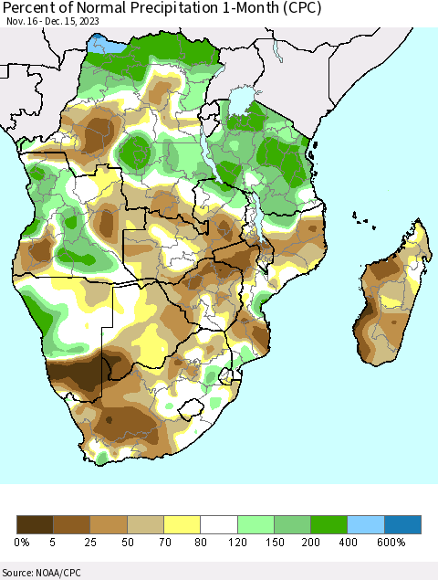 Southern Africa Percent of Normal Precipitation 1-Month (CPC) Thematic Map For 11/16/2023 - 12/15/2023
