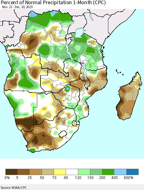 Southern Africa Percent of Normal Precipitation 1-Month (CPC) Thematic Map For 11/21/2023 - 12/20/2023