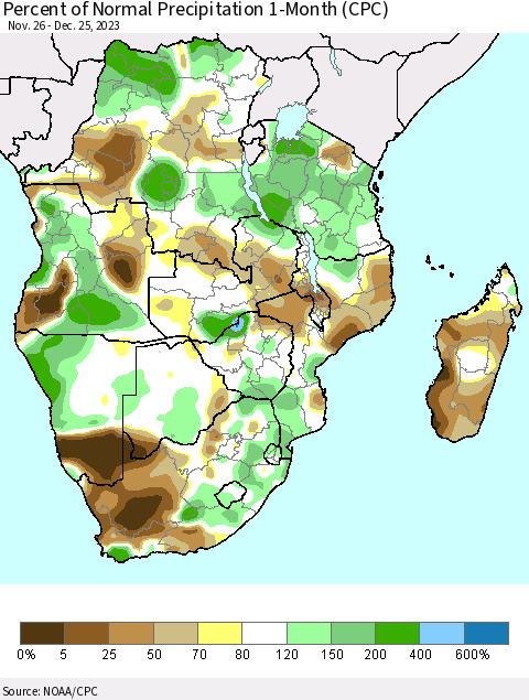 Southern Africa Percent of Normal Precipitation 1-Month (CPC) Thematic Map For 11/26/2023 - 12/25/2023
