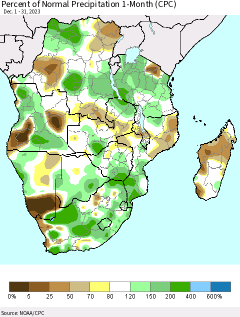 Southern Africa Percent of Normal Precipitation 1-Month (CPC) Thematic Map For 12/1/2023 - 12/31/2023
