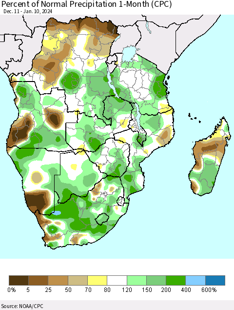Southern Africa Percent of Normal Precipitation 1-Month (CPC) Thematic Map For 12/11/2023 - 1/10/2024