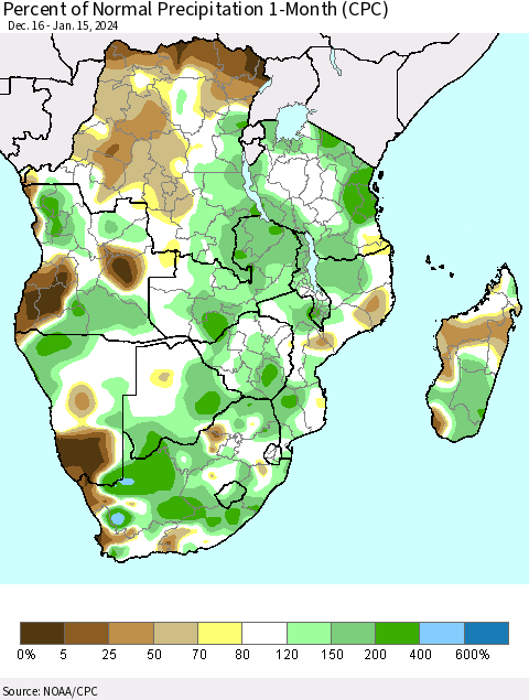 Southern Africa Percent of Normal Precipitation 1-Month (CPC) Thematic Map For 12/16/2023 - 1/15/2024