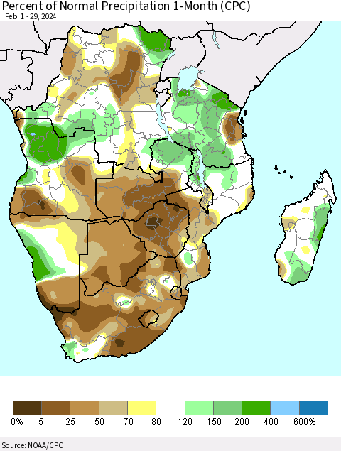 Southern Africa Percent of Normal Precipitation 1-Month (CPC) Thematic Map For 2/1/2024 - 2/29/2024